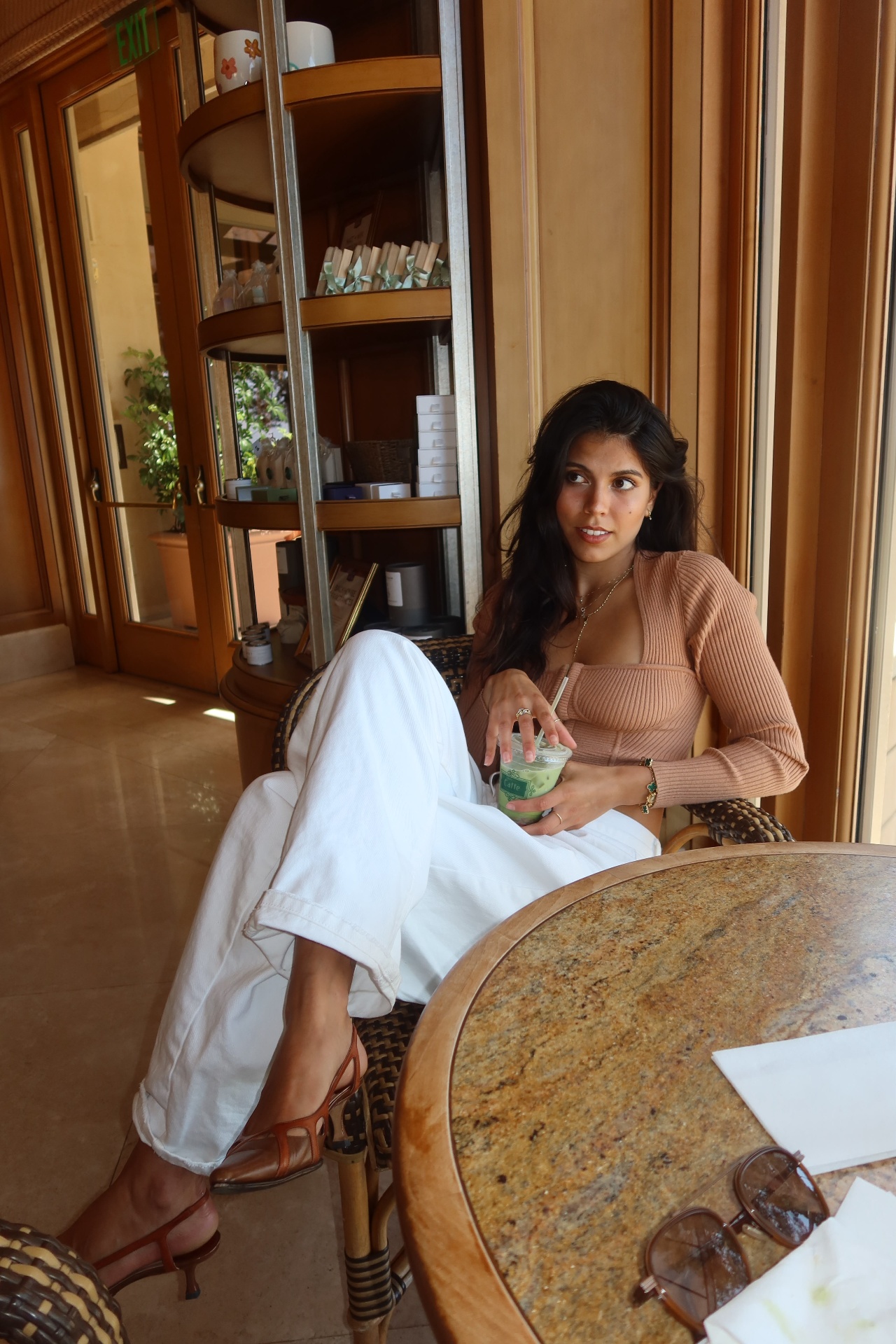 Personal styling — matcha café, tan knit