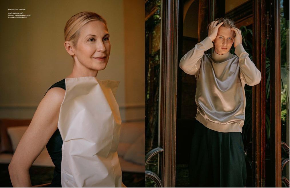 Spread — Kelly in a cream sleeveless look; Hermès in a satin grey hoodie.